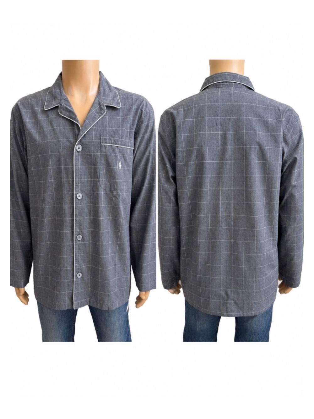 POLO RALPH LAUREN Mens Plaid Pajama Sleep Shirt Sleepwear Top Gray M Medium